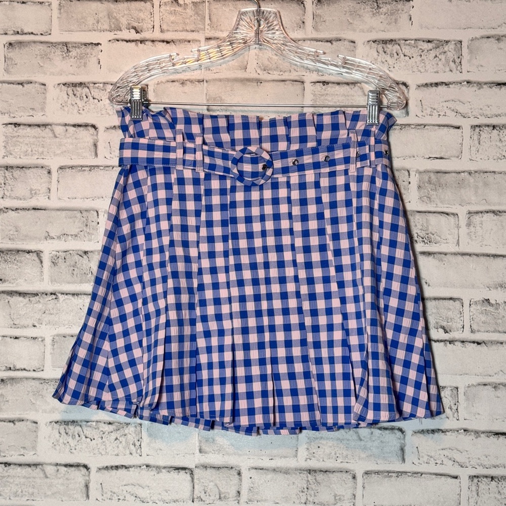 Nasty Gal Blue and Pink Plaid skirt with‎ belt, pleated gingham size 8